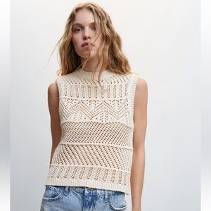 MNG Mango Openwork Crochet Knit Cotton Top Sleeveless High Neck Ivory L XL NWT